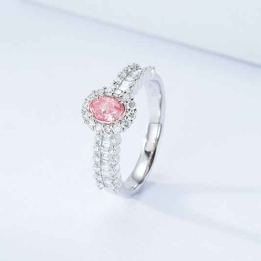 Oval Cut Pink Diamond Engagement Ring with Diamond Halo and Baguette Cut Band