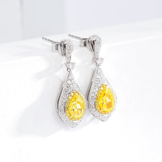 Pear Shaped Yellow Diamond Halo Drop Earrings in 18K White Gold