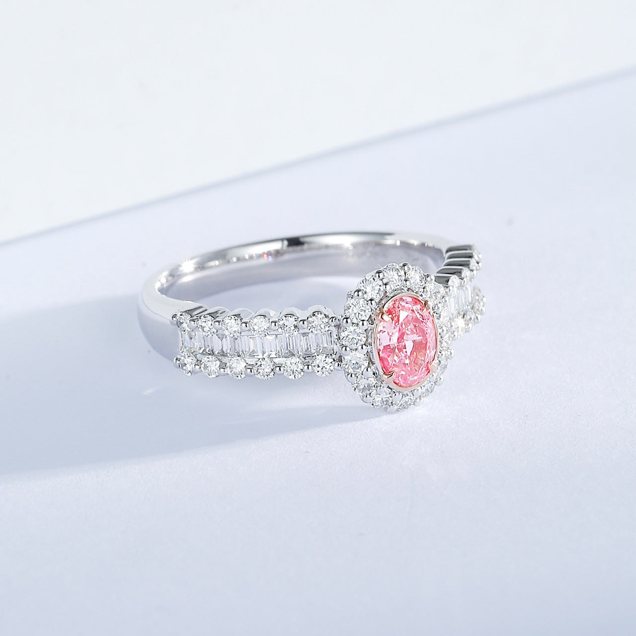 Oval Cut Pink Diamond Engagement Ring with Diamond Halo and Baguette Cut Band -Top View