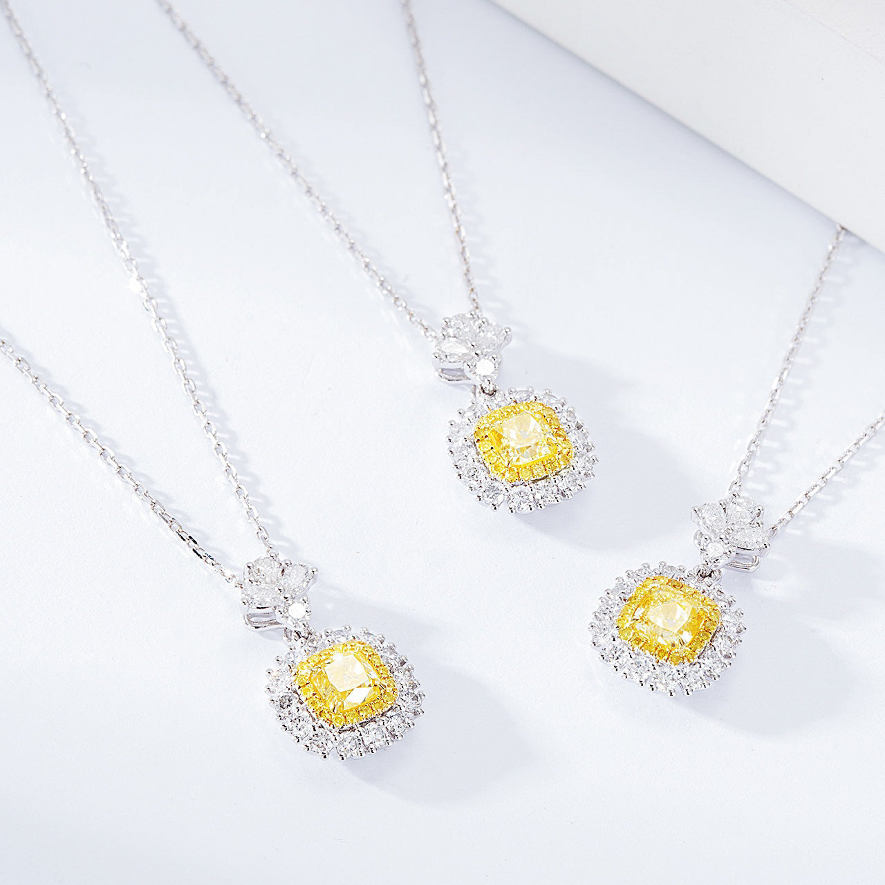 Cushion Cut Yellow Diamond Pendant with Sunflower Diamond Halo -Top View