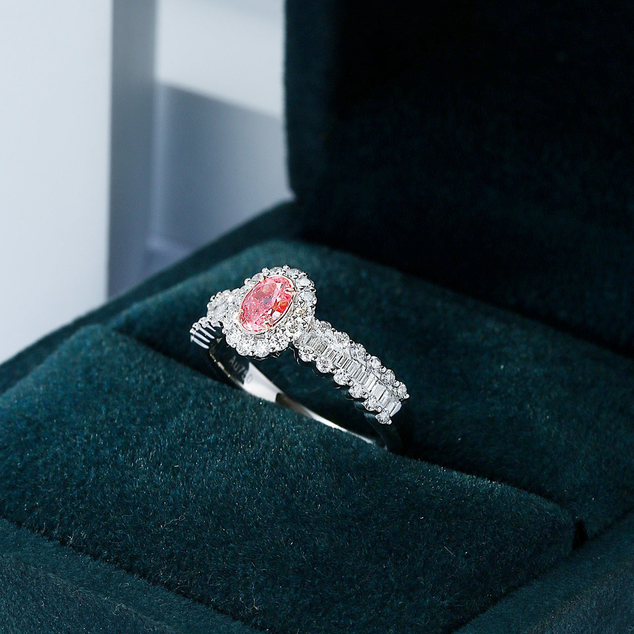 Oval Cut Pink Diamond Engagement Ring with Diamond Halo and Baguette Cut Band -In-Box Display