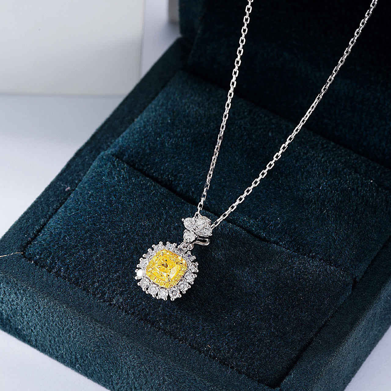 Cushion Cut Yellow Diamond Pendant with Sunflower Diamond Halo -In-Box Display