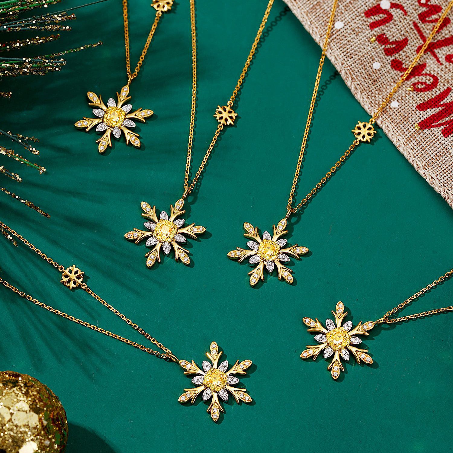 Christmas Yellow Diamond Snowflake Pendant in 18K Gold -Top View