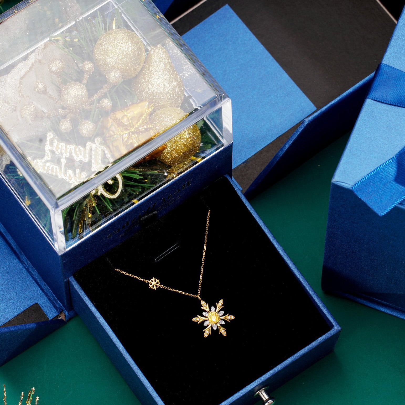 Christmas Yellow Diamond Snowflake Pendant in 18K Gold -Perspective Close-up