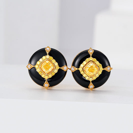 Cushion Cut Yellow Diamond and Black Onyx Stud Earrings