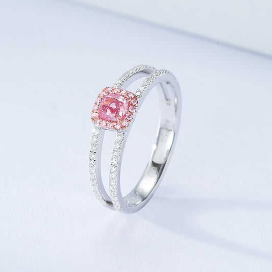 Cushion Cut Pink Diamond Double Band Ring with Pink Diamond Halo