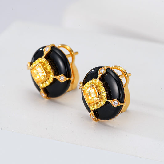 Cushion Cut Yellow Diamond and Black Onyx Stud Earrings