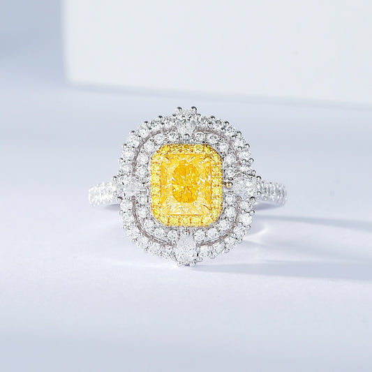 Cushion Cut Yellow Diamond Double Halo Engagement Ring with Pavé Band