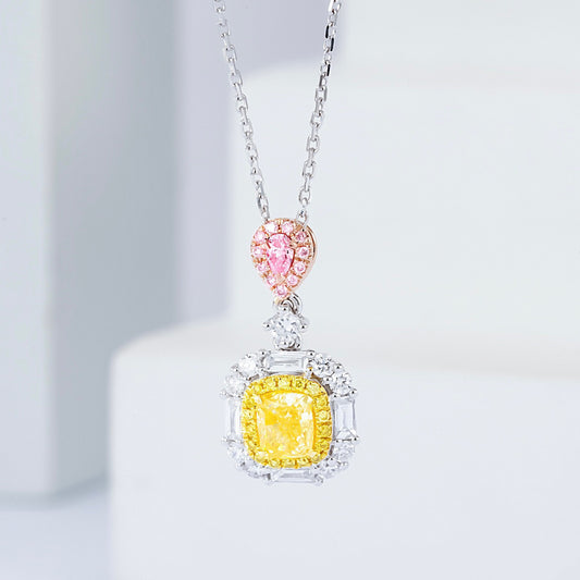 Cushion Cut Yellow Diamon Pendant with Baguette Diamond Halo