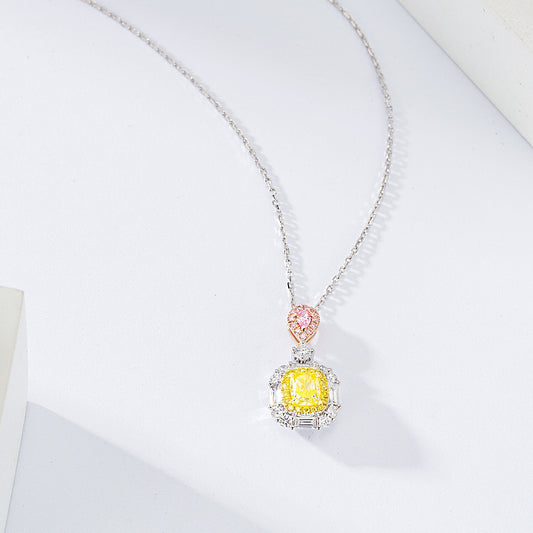 Cushion Cut Yellow Diamon Pendant with Baguette Diamond Halo