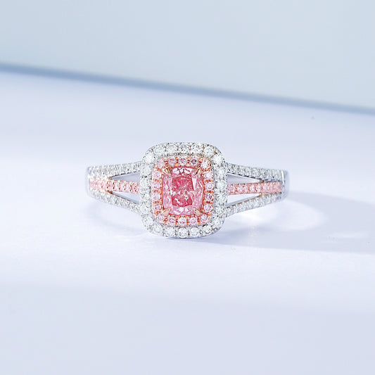 Cushion Cut Pink Diamond Ring with Double Halo and Split Shank Design