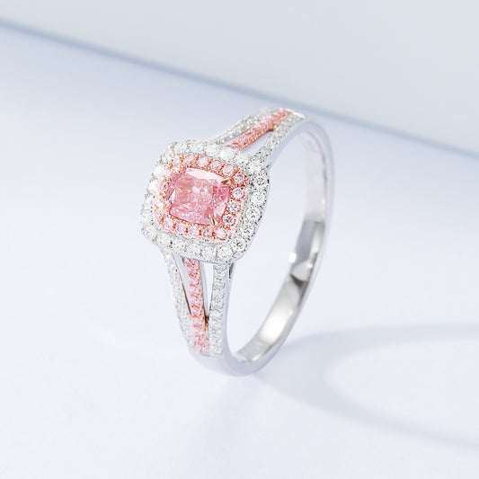 Cushion Cut Pink Diamond Ring with Double Halo and Split Shank Design
