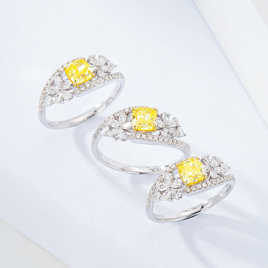 Nature Inspired Cushion Cut Yellow Diamond Ring with Floral Accents