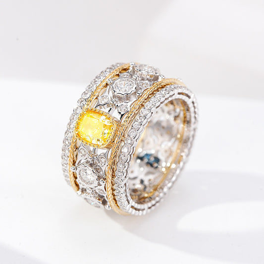 Cushion Cut Yellow Diamond in Multi Row Vintage Filigree Band