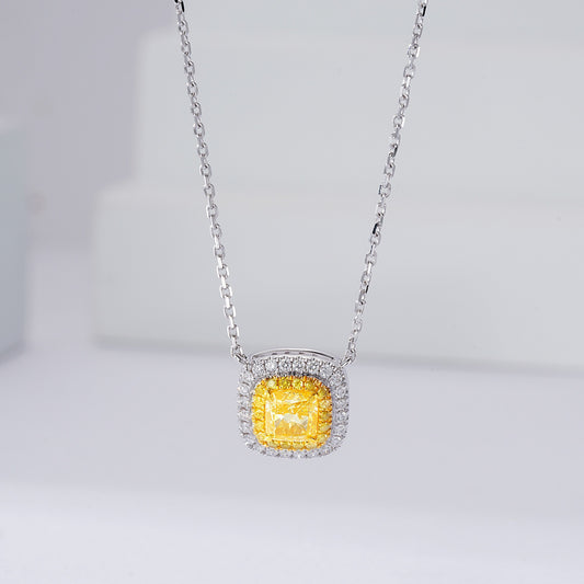 Cushion Cut Yellow Diamond Double Halo Pendant in 18K White Gold