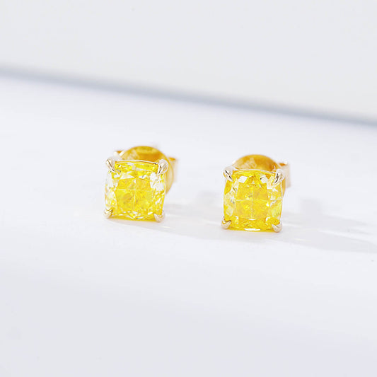 Cushion Cut Yellow Diamond Solitaire Stud Earrings
