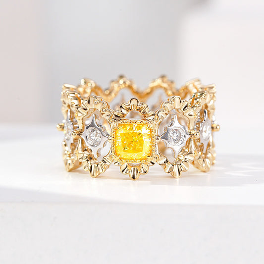 Cushion Cut Yellow Diamond in Ornate Lace Inspired Band