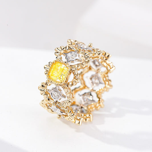 Cushion Cut Yellow Diamond in Ornate Lace Inspired Band