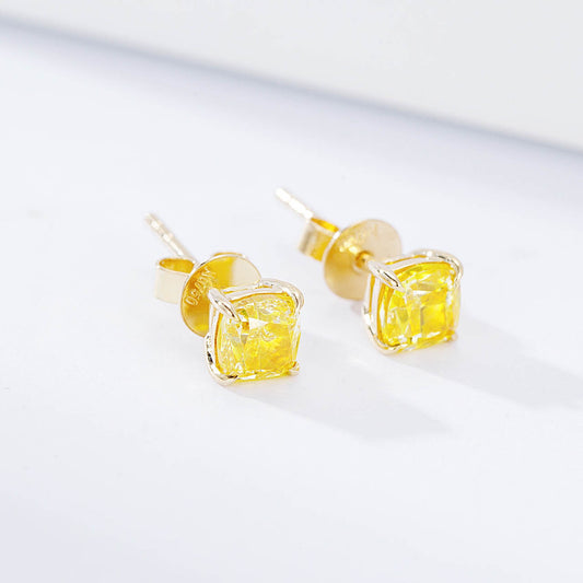 Cushion Cut Yellow Diamond Solitaire Stud Earrings