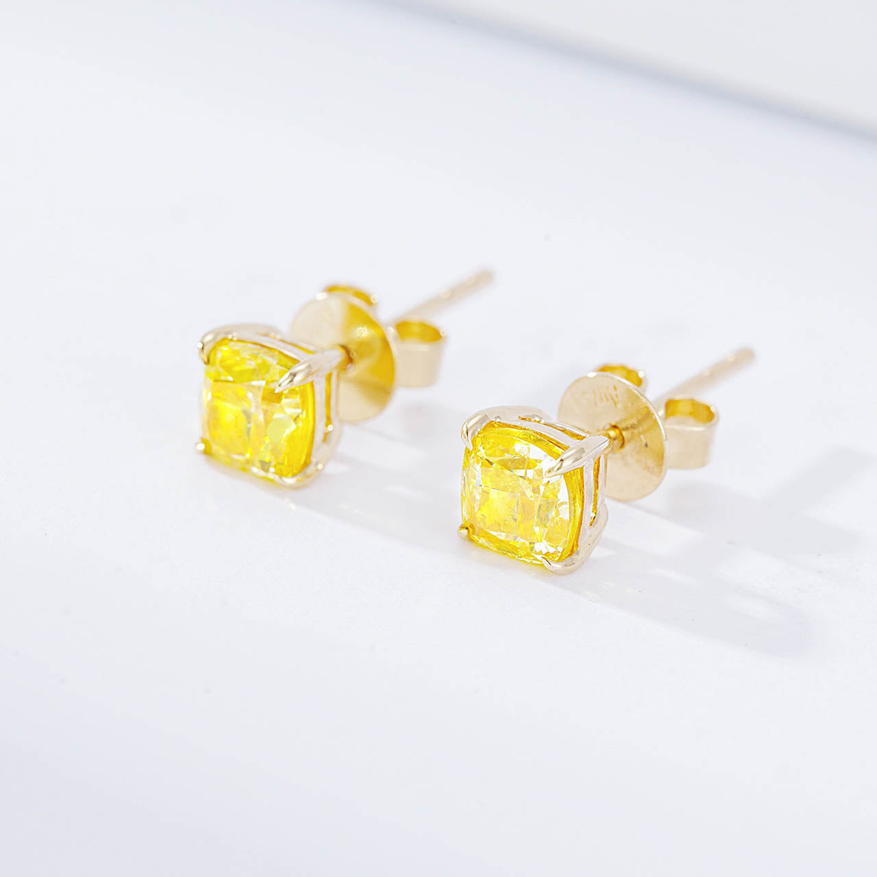 Cushion Cut Yellow Diamond Solitaire Stud Earrings -Top View