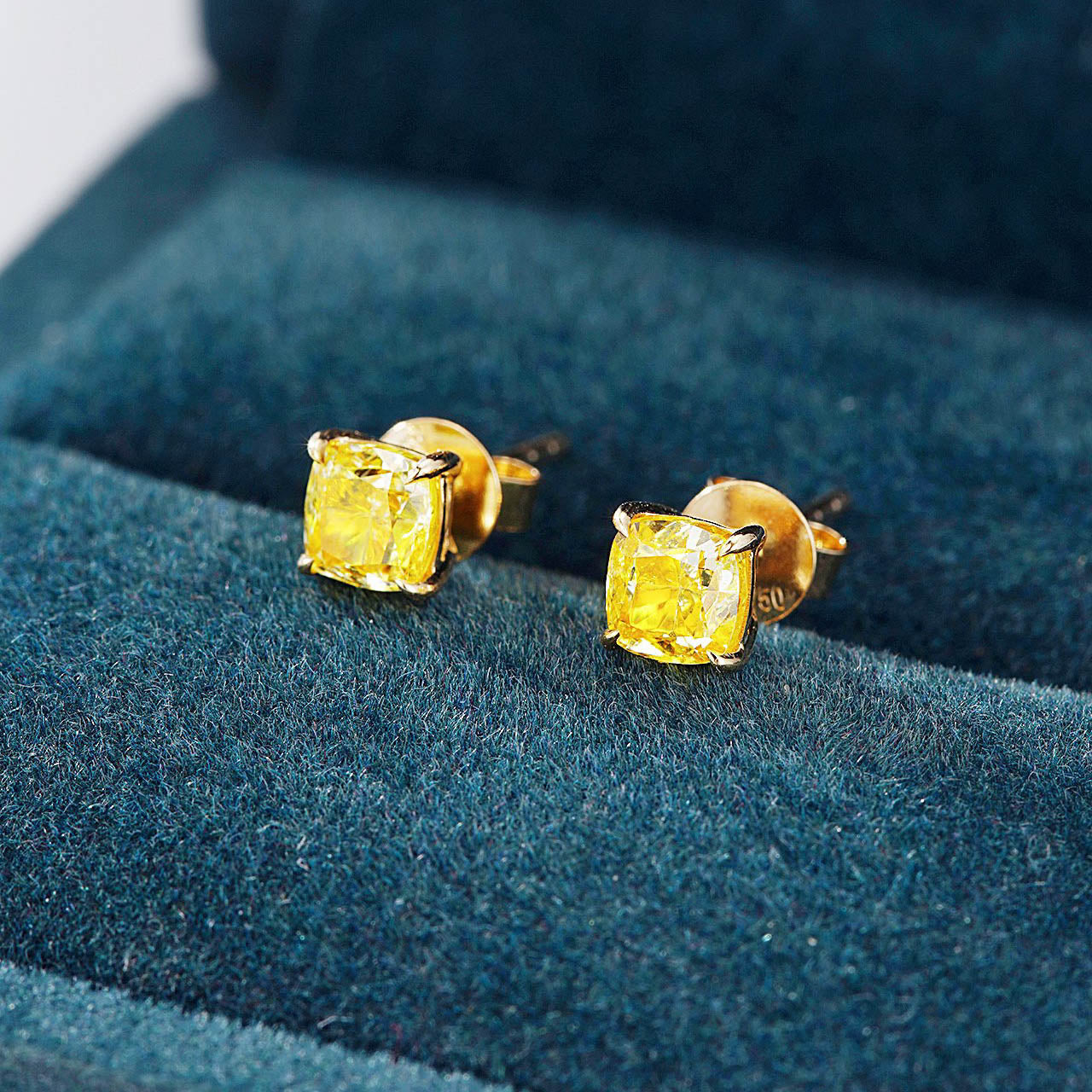 Cushion Cut Yellow Diamond Solitaire Stud Earrings -In-Box Display