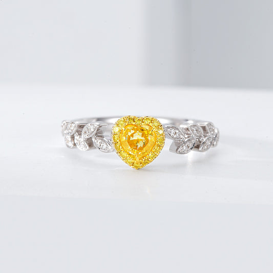 Heart-Shaped Yellow Diamond Ring with Leaf Motif Band