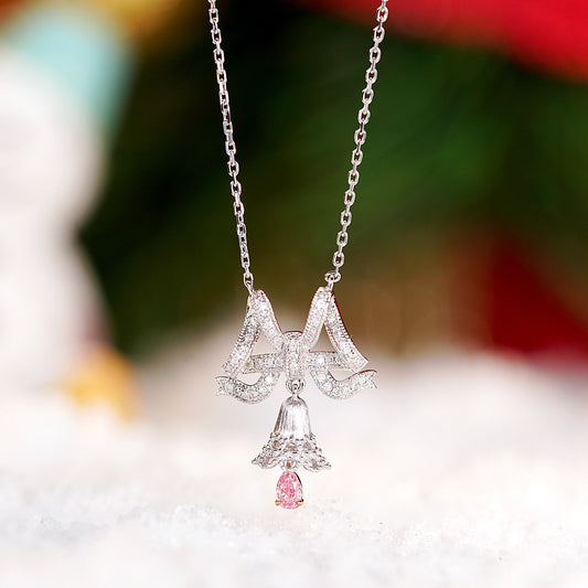 Christmas Pink Diamond Bell Pendant with Lace Bow in 18K White Gold