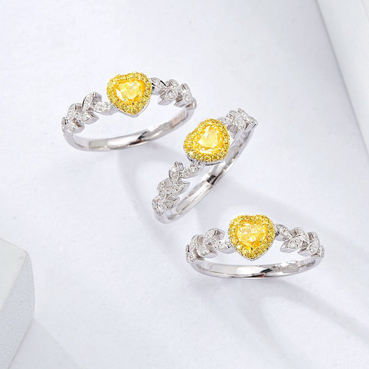 Heart-Shaped Yellow Diamond Ring with Leaf Motif Band