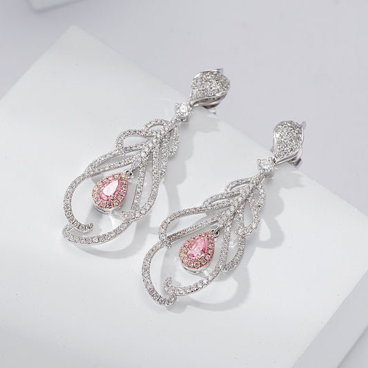 Feather Full Pavé Pink Diamond Drop Earrings in 18K White Gold