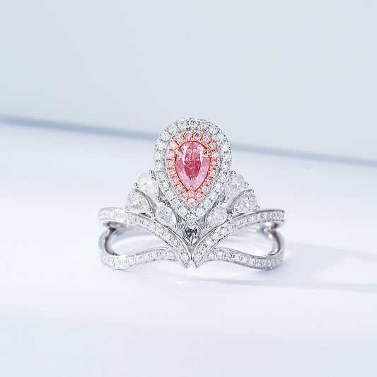 Pear Shaped Pink Diamond Ring with Crown Designer 18K White Gold