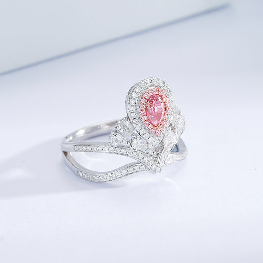 Pear Shaped Pink Diamond Ring with Crown Designer 18K White Gold