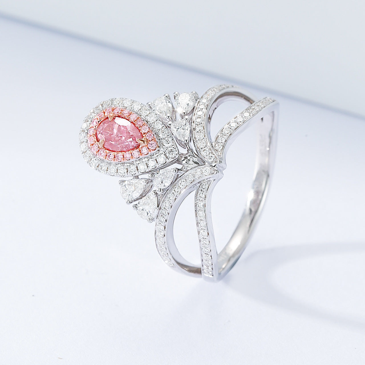 Pear Shaped Pink Diamond Ring with Crown Designer 18K White Gold -Top View
