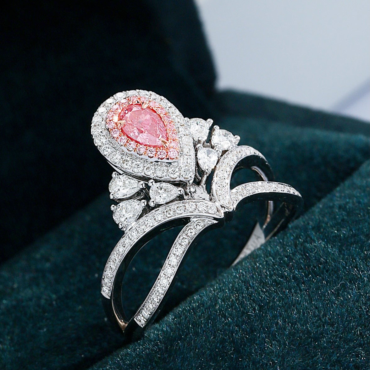 Pear Shaped Pink Diamond Ring with Crown Designer 18K White Gold -Perspective Close-up