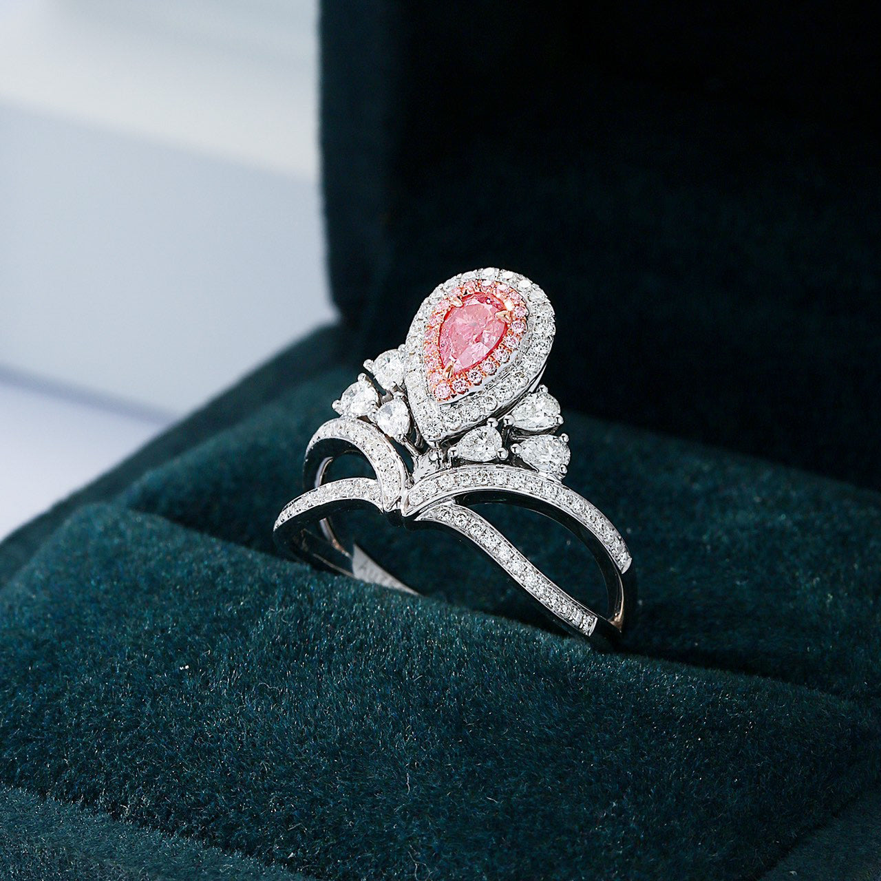 Pear Shaped Pink Diamond Ring with Crown Designer 18K White Gold -In-Box Display