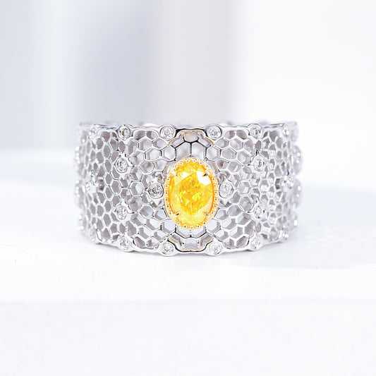 Oval Cut Yellow Diamond Ring with Filigree Mesh Design in 18K White Gold