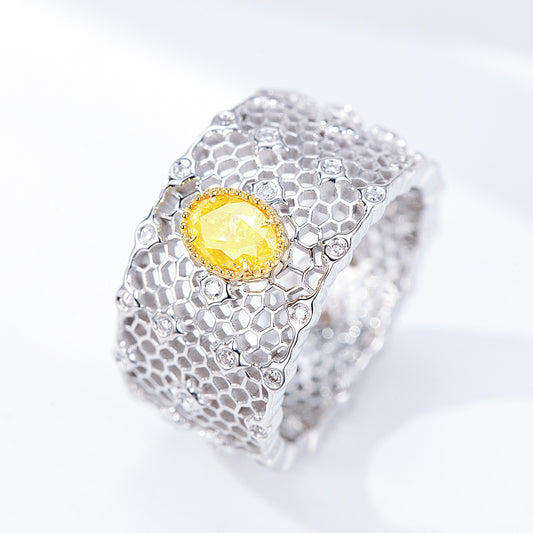 Oval Cut Yellow Diamond Ring with Filigree Mesh Design in 18K White Gold