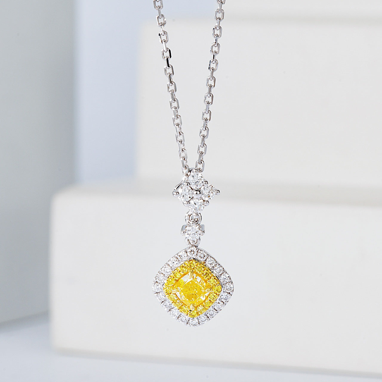 Cushion Cut Yellow Diamond Halo Pendant in 18K White Gold -Front View