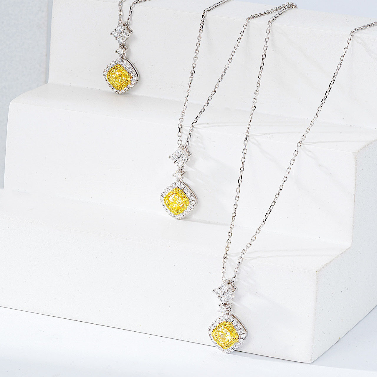 Cushion Cut Yellow Diamond Halo Pendant in 18K White Gold -Top View