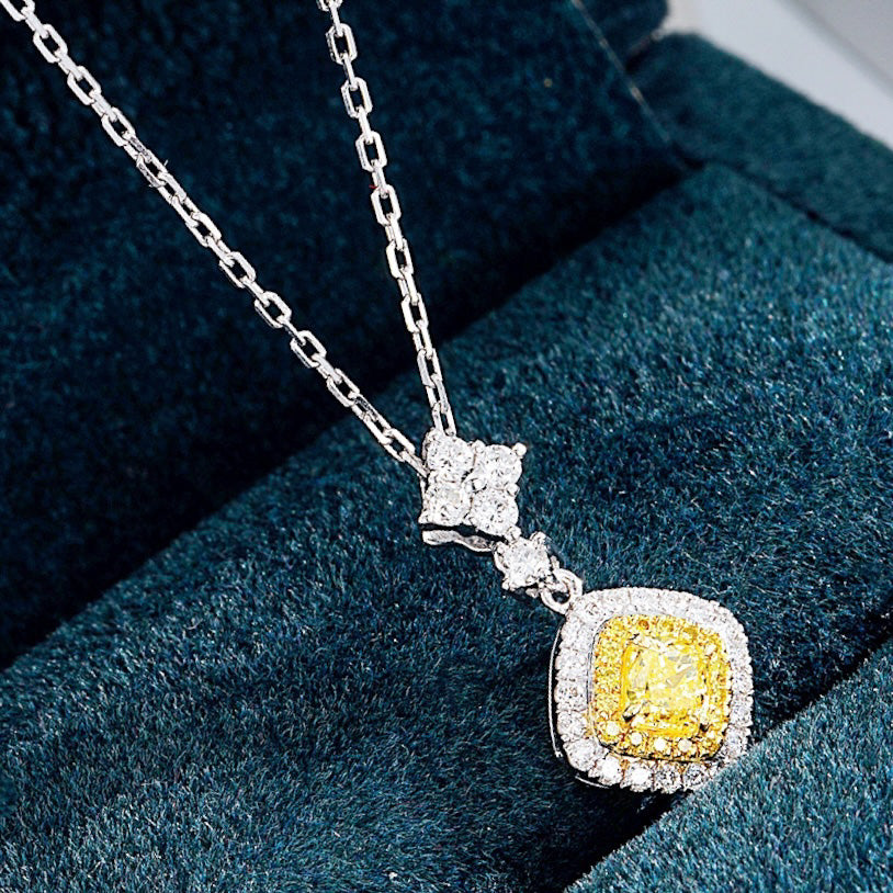 Cushion Cut Yellow Diamond Halo Pendant in 18K White Gold -Perspective Close-up