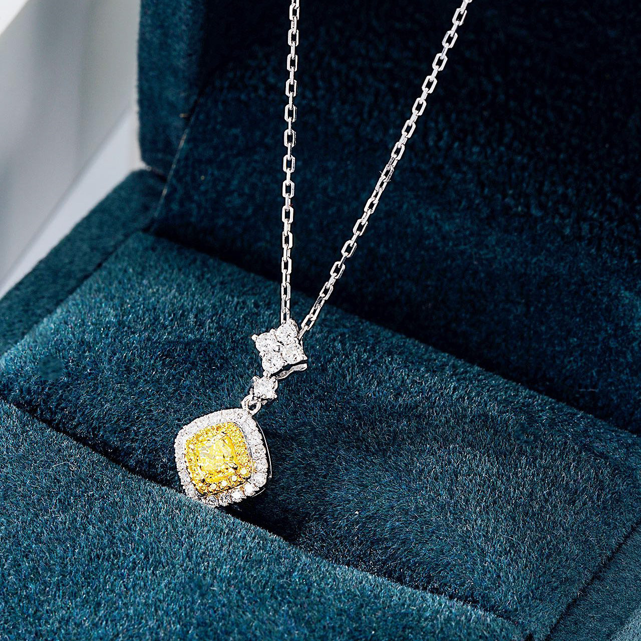 Cushion Cut Yellow Diamond Halo Pendant in 18K White Gold -In-Box Display