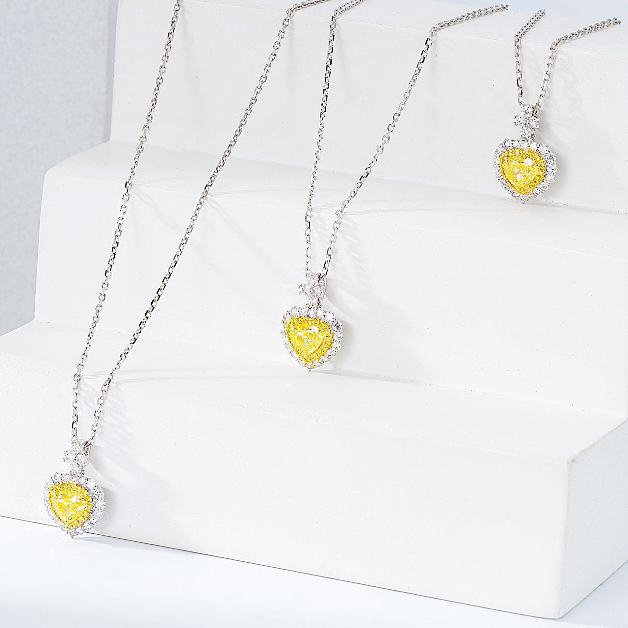 Heart Shaped Yellow Diamond Halo Pendant in 18K White Gold -Top View
