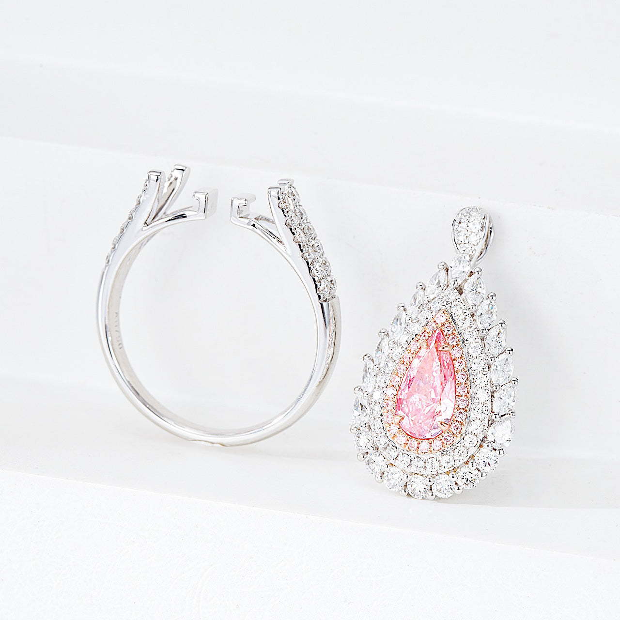 Pear Shaped Pink Diamond Ring with Double Halo and Marquise Accents -Top View