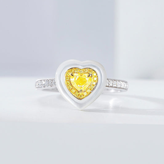 Heart Shaped Yellow Diamond Ring with White Mother of Pearl Accent