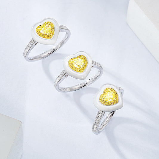 Heart Shaped Yellow Diamond Ring with White Mother of Pearl Accent
