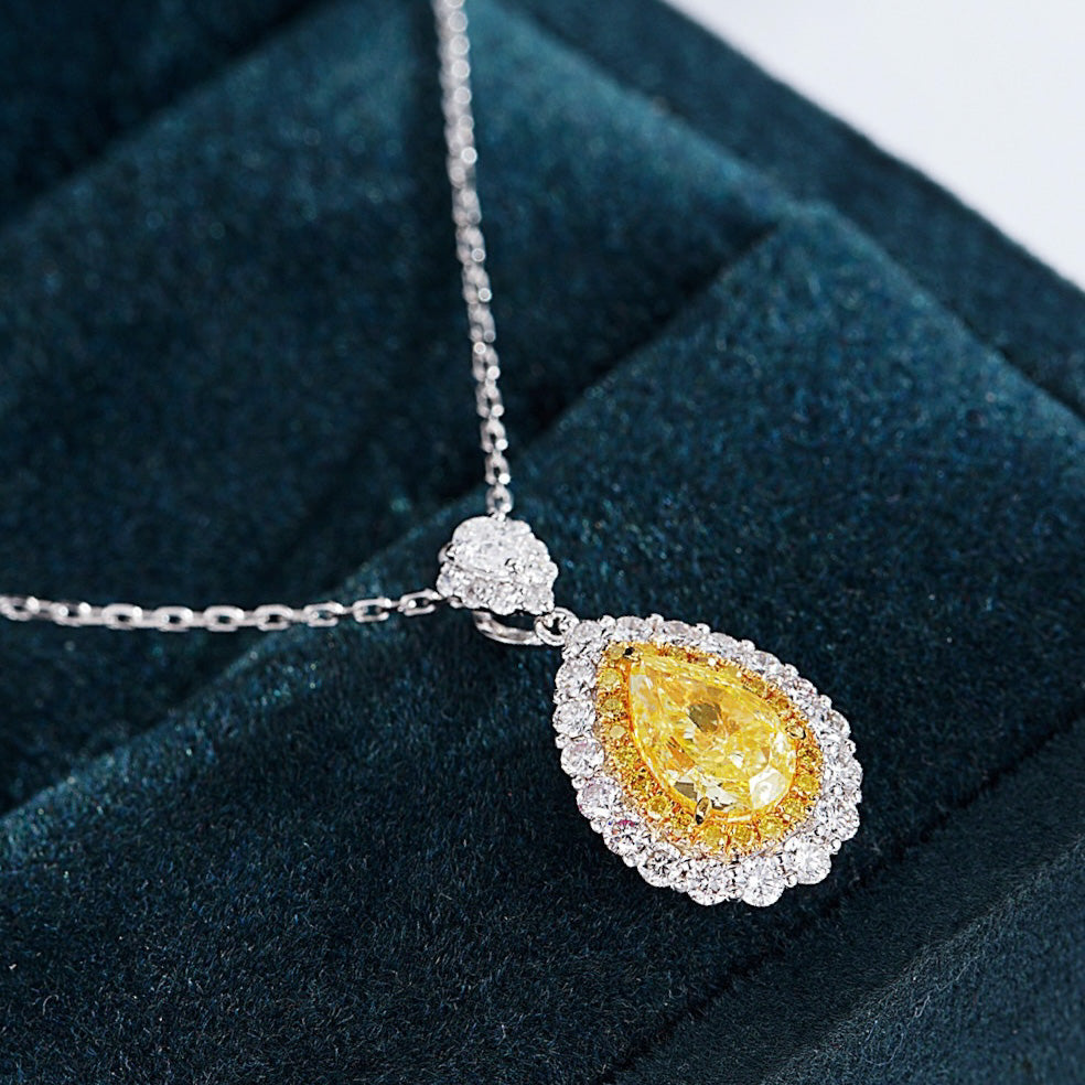 Pear Shaped Yellow Diamond Halo Pendant with Full Diamond Setting -In-Box Display