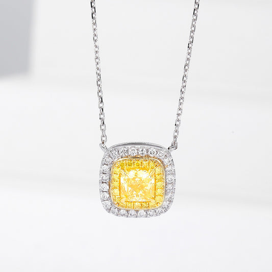 Cushion Cut Yellow Diamond Double Halo Pendant with Cable Chain
