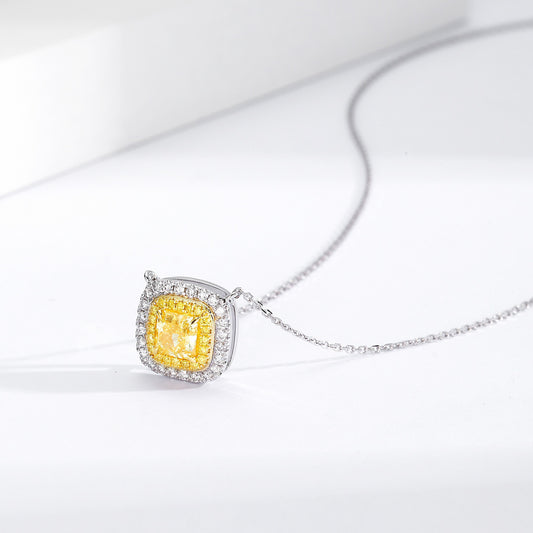 Cushion Cut Yellow Diamond Double Halo Pendant with Cable Chain