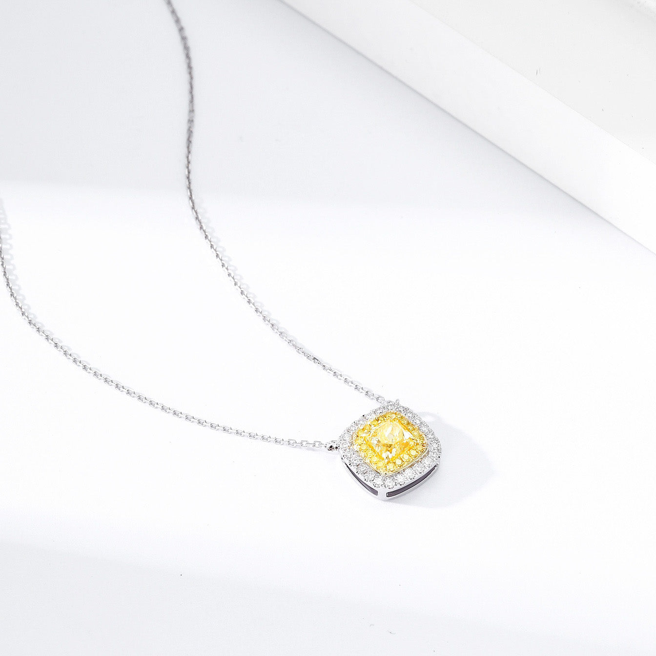 Cushion Cut Yellow Diamond Double Halo Pendant with Cable Chain -Top View