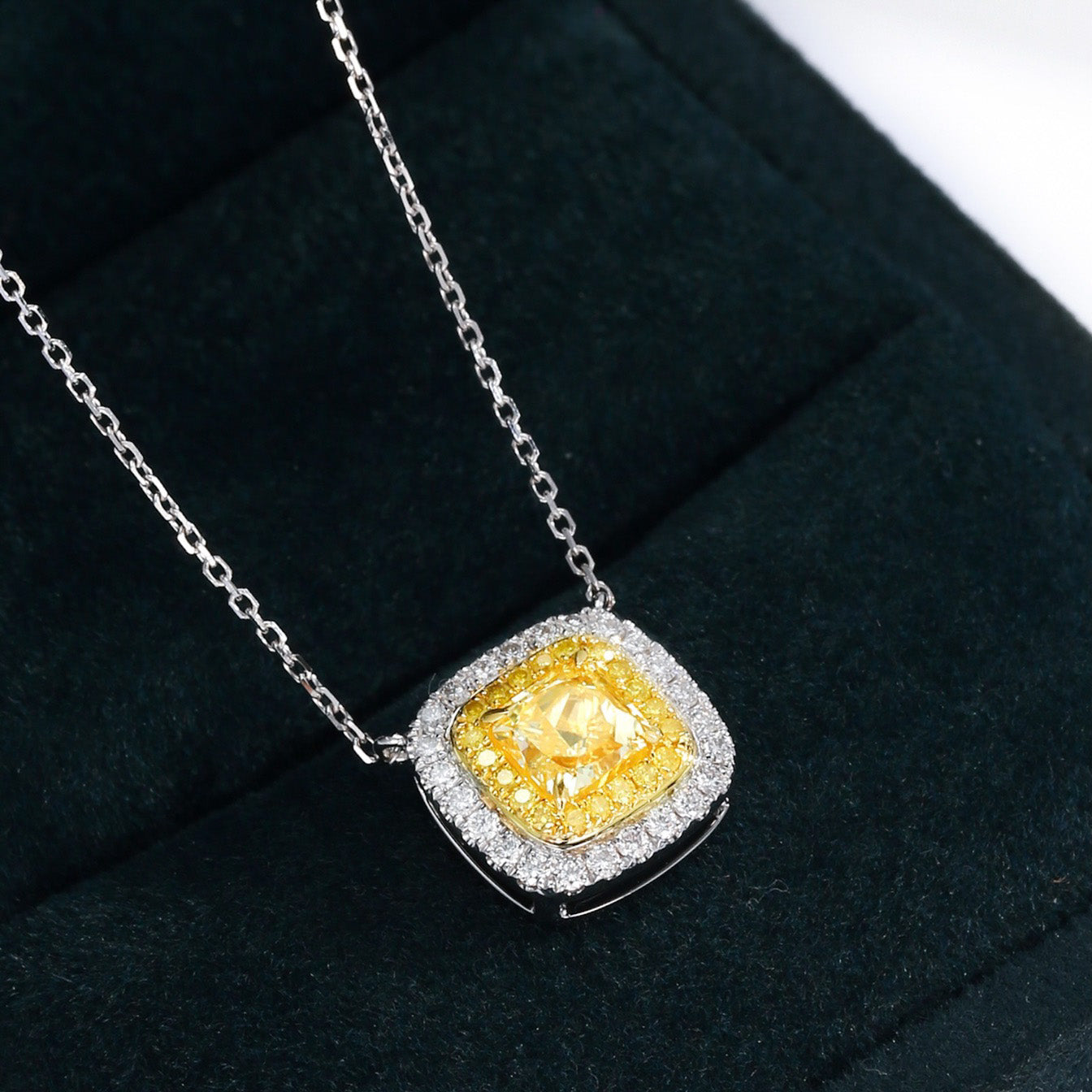Cushion Cut Yellow Diamond Double Halo Pendant with Cable Chain -Perspective Close-up