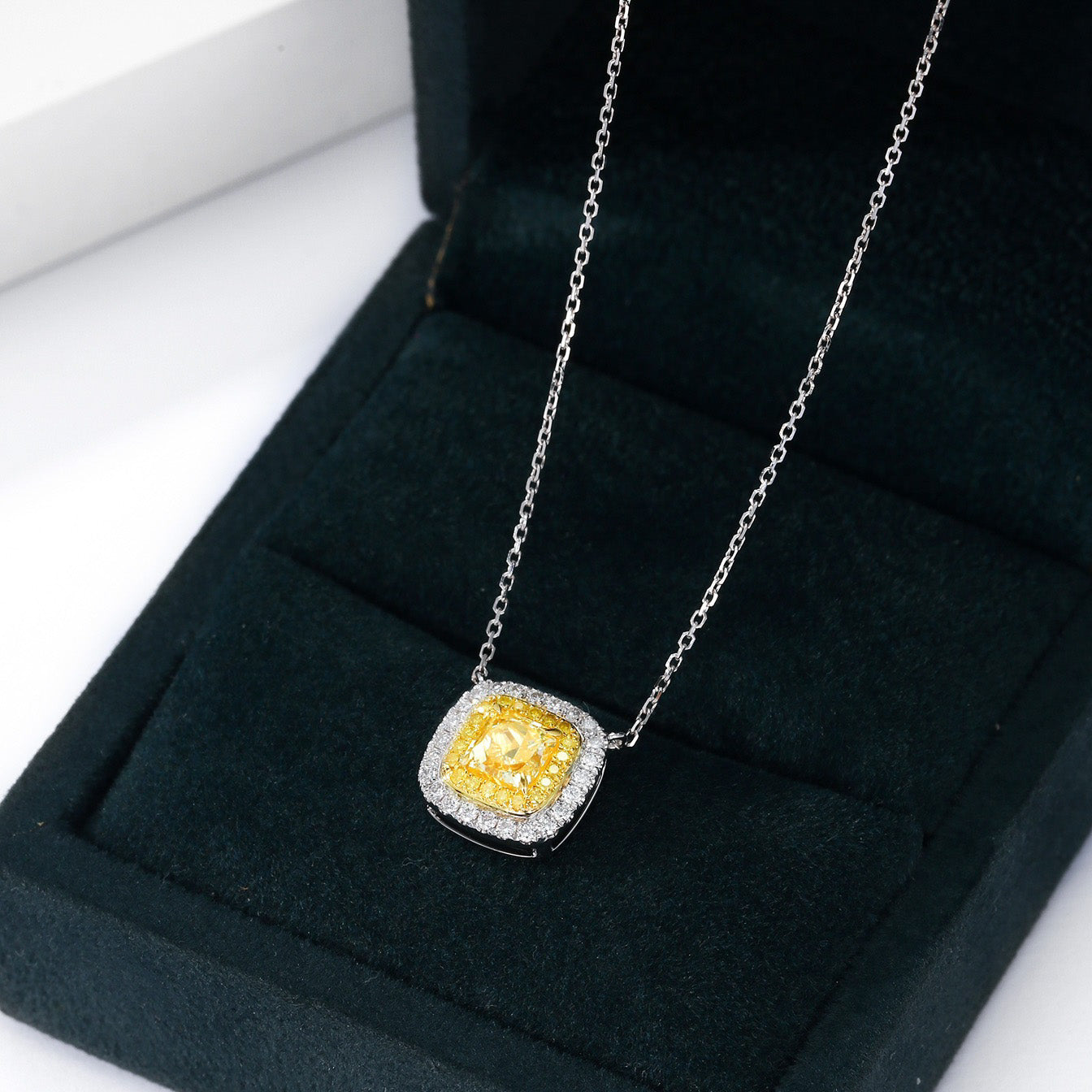 Cushion Cut Yellow Diamond Double Halo Pendant with Cable Chain -In-Box Display